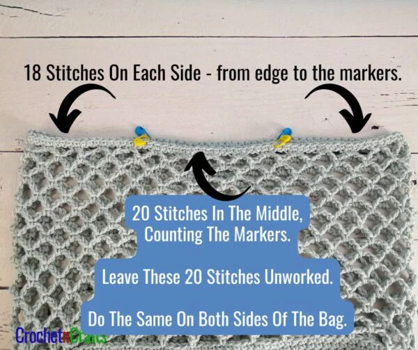 Count 20 stitches off in the middle and place markers on both sides of the bag.