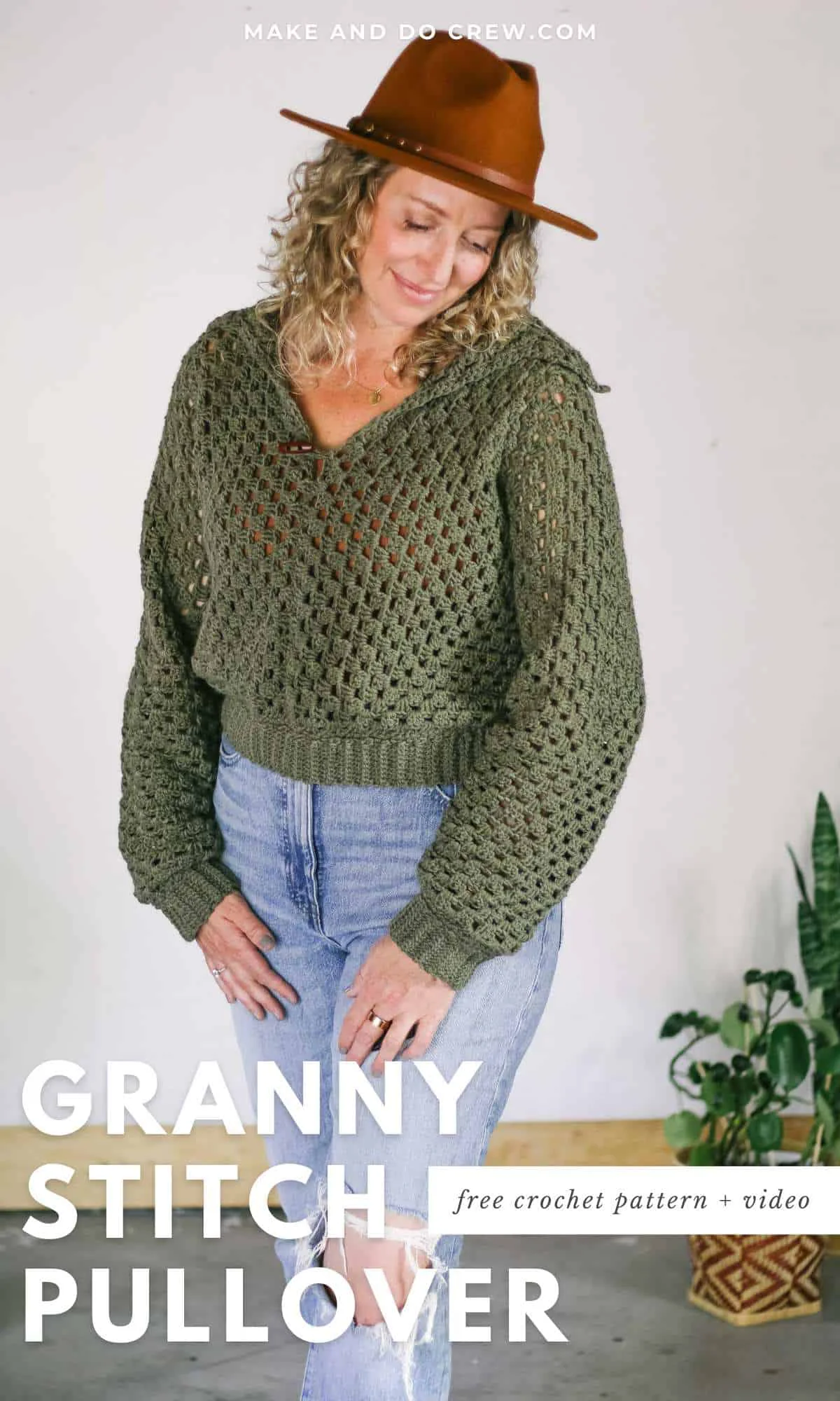 A granny stitch pullover worn by a blonde woman.