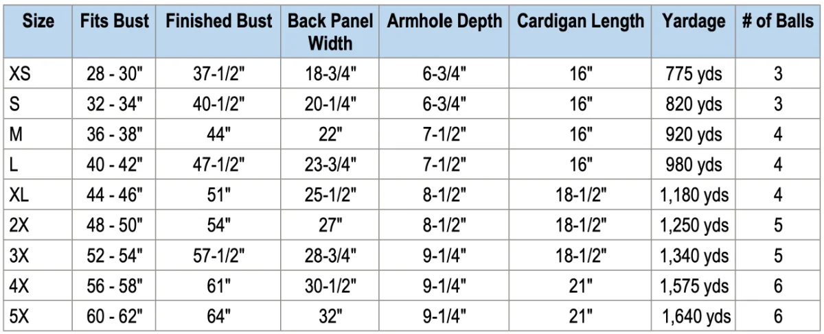 Capucine Cropped Crochet Cardigan Size Chart.