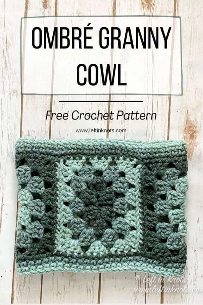 A crochet cowl made with granny rectangles in shades of green