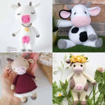 A grid of crochet stuffed cow toys.