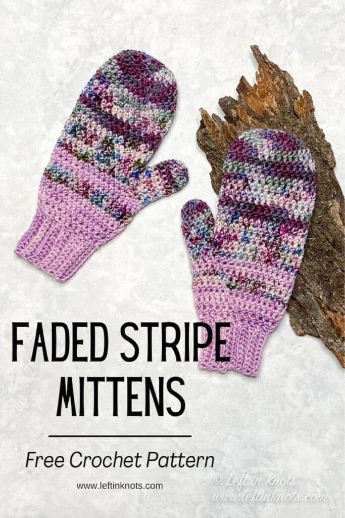 Mittens crocheted with hand dyed yarn in shades of purple