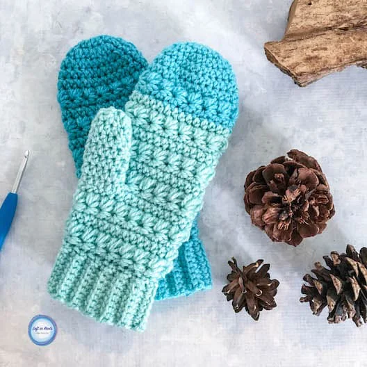 Crochet mittens made with Caron Cakes yarn and the star stitch
