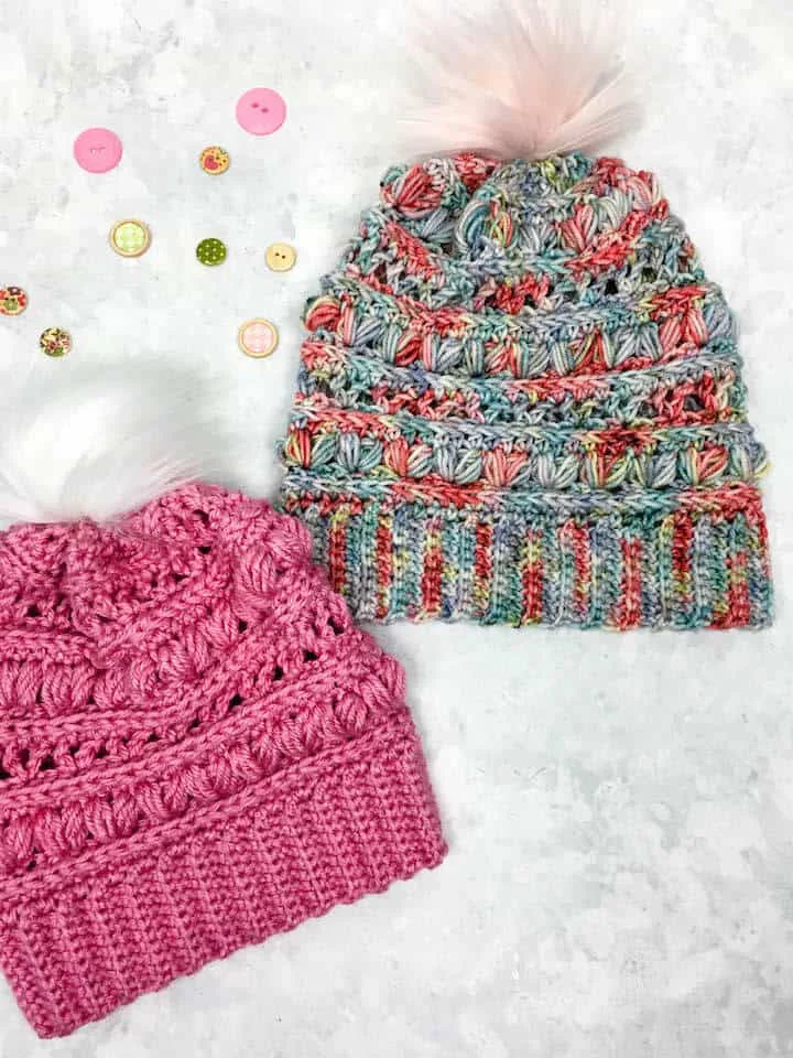 A crochet beanie made with the heart puff stitch